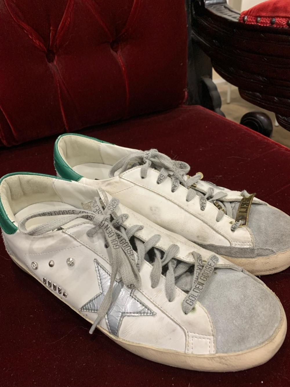 Golden Goose White Leather Sneakers with Green Heel and Silver Star Accent - Picture 3 of 12